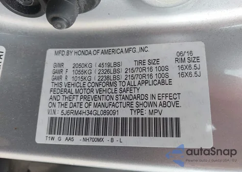 2016 Honda Cr-V Lx from USA, damaged, VIN 5J6RM4H34GL089091